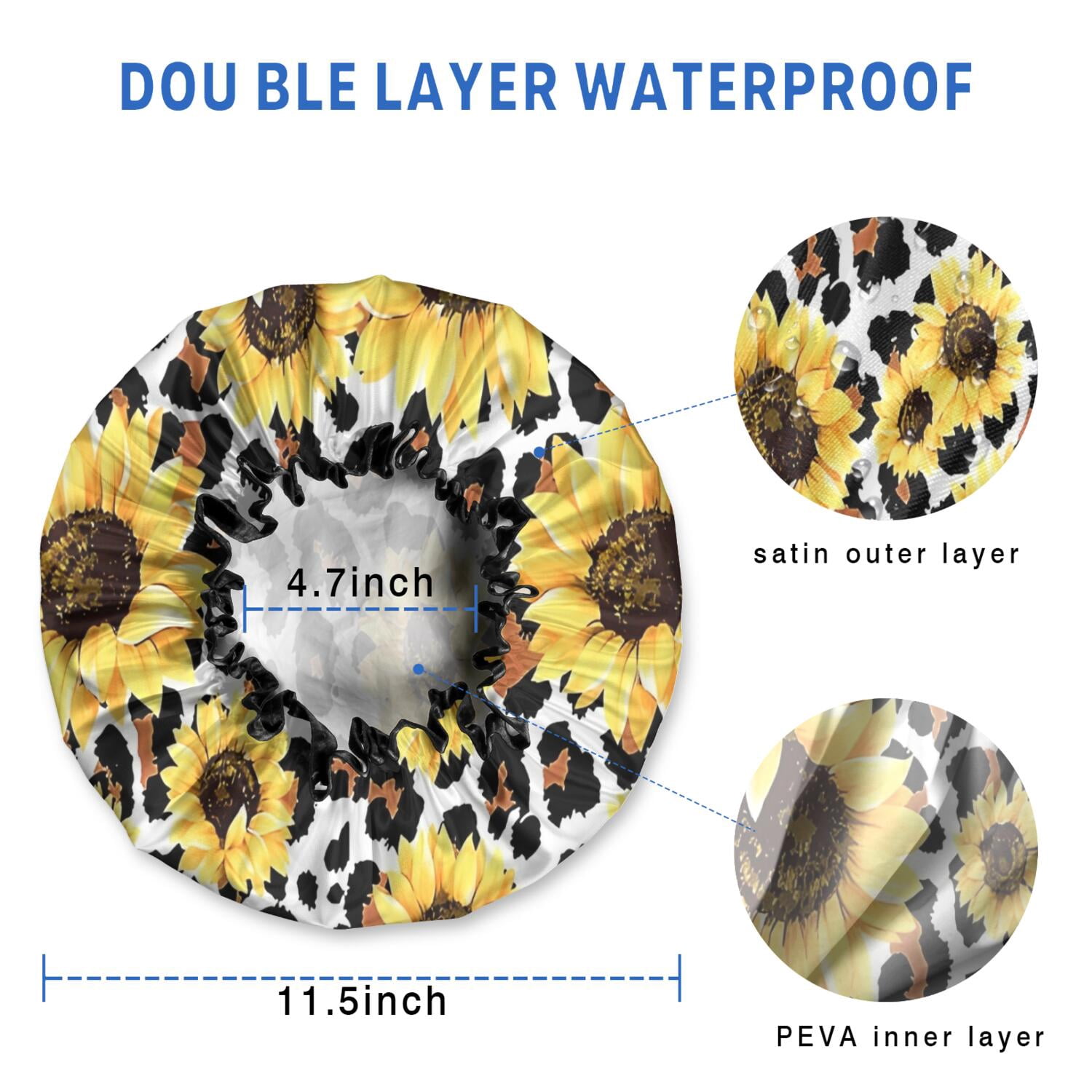 Shower Caps,Leopard Sunflower Pattern Waterproof Shower Cap for Women 4 Pieces,Double Reusable Hair Cover for Shower PEVA Elastic Stretch Hem