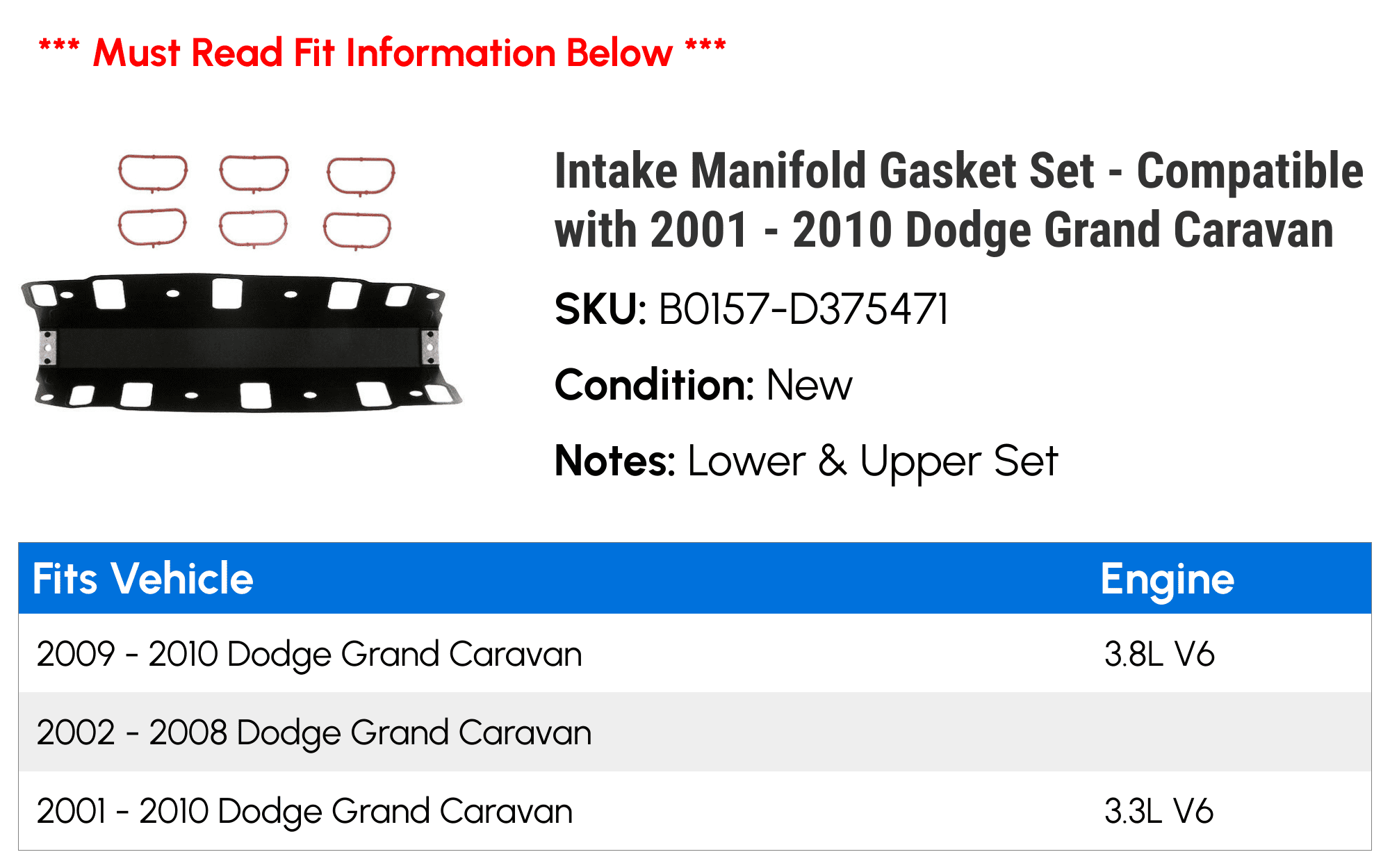 Intake Manifold Gasket Set - Compatible with 2001 - 2010 Dodge Grand Caravan 2002 2003 2004 2005 2006 2007 2008 2009