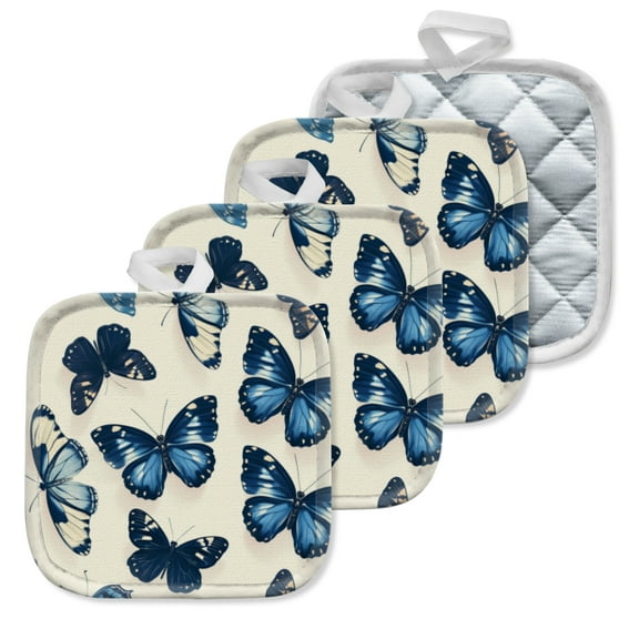 4 Pack Pot Holders,Kitchen Essential, Potholder Set,Enchanting Pattern Of Blue And White Butterflies