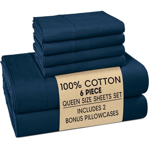 100% Cotton Sheets Queen Size Set - 6 Pieces (1 Flat, 1 Fitted, 4 Pillowcases) - Soft, Breathable & Cooling Percale Bed Sheets with Deep Pockets - Durable Queen Sheet Set - Navy Blue