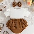 thumbnail image 6 of mgoYE Baby Girl Clothes 3-6 Months Preemie Newborn Baby Girl Clothes Infant Cotton Linen Romper Ruffle Sleeve Jumpsuit Spring Summer Outfits for Girls with Bow Headband Set(Coffee,6-9 Months), 6 of 6