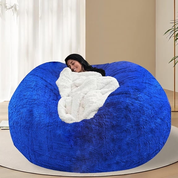 Vggrvlo 3 Feet Giant Bean Bag Chair Cover No Filler Large Beanbag Chair with Faux Rabbit Fur Cover Round Fluffy Bean Bag Sofa for Teens and Kids Blue