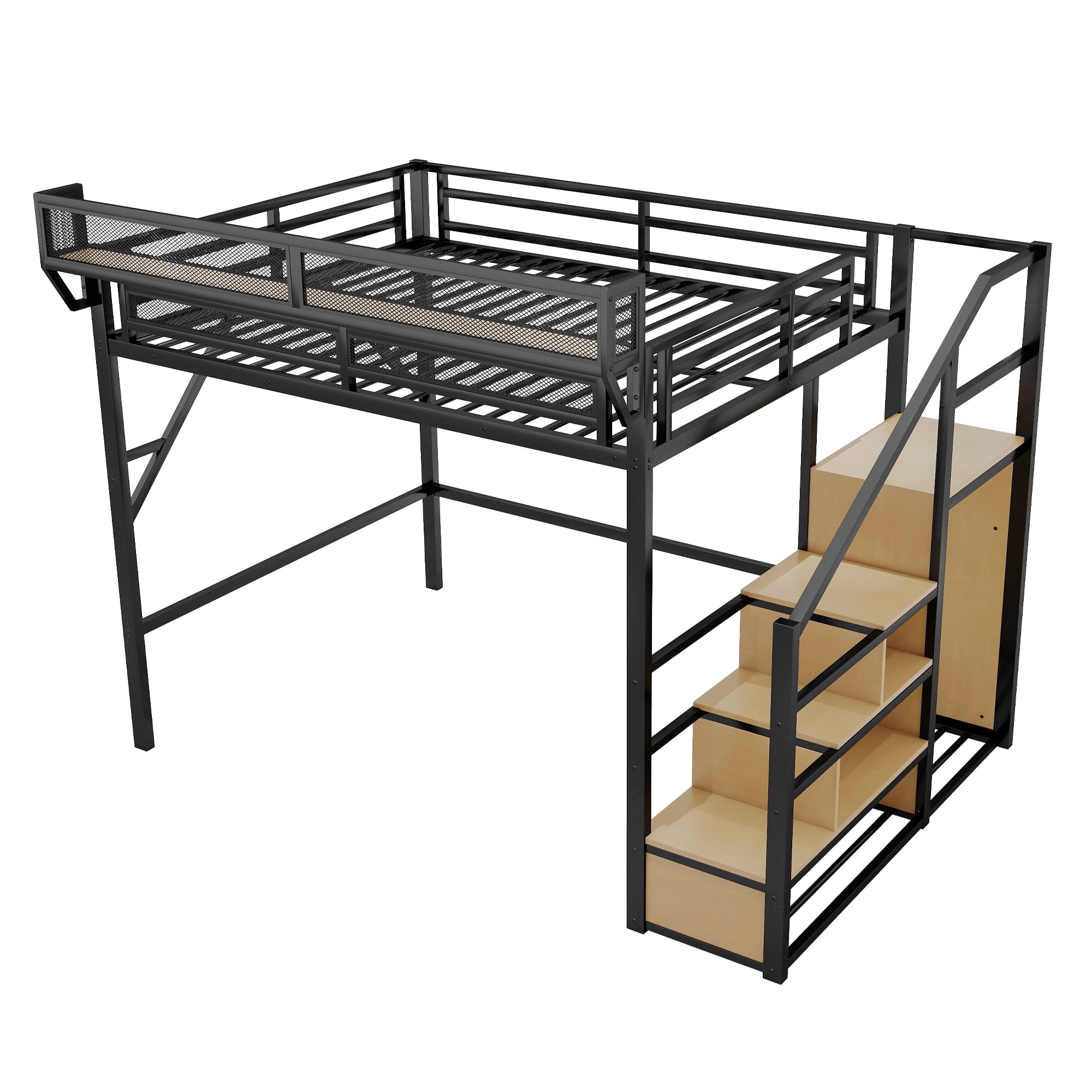 Leumius Queen Size Loft Bed with Wardrobe, Metal Queen Loft Bed with Storage Shelves, High Loft Bed with Stairs for Kids Teens Adults, Black
