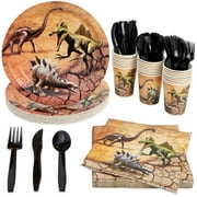 144 Piece Jurassic Dinosaur Birthday Party Supplies with Dino Plates, Knives, Spoons, Forks, Cups, and Napkins (Serves 24)