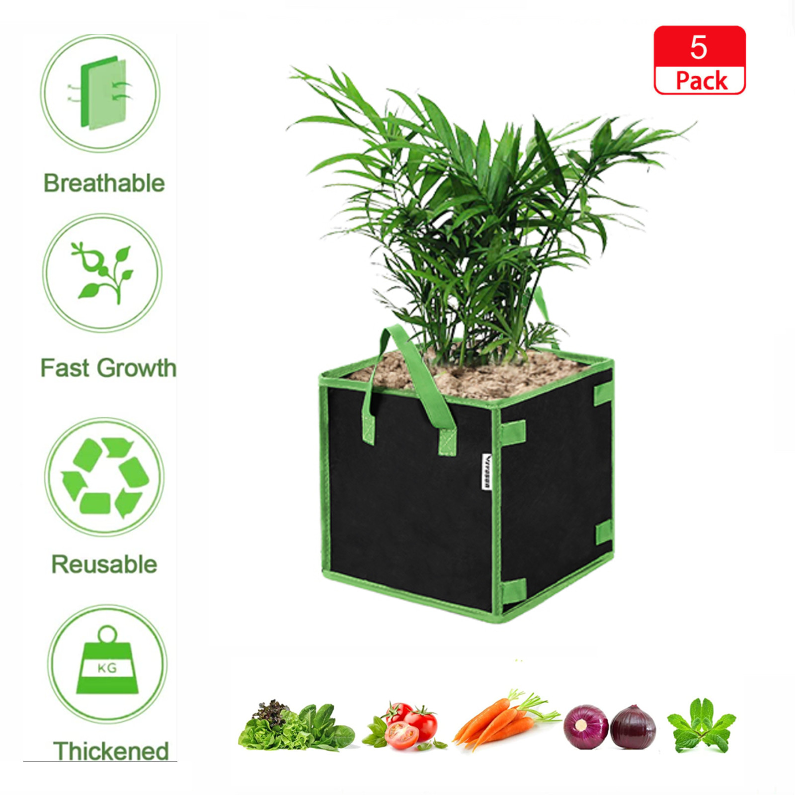 VIVOSUN 5 Pack 3 Gallon Square Grow Bags, Thick Nonwoven Cubic Fabric Pots  with Handles for Indoor and Outdoor Gardening