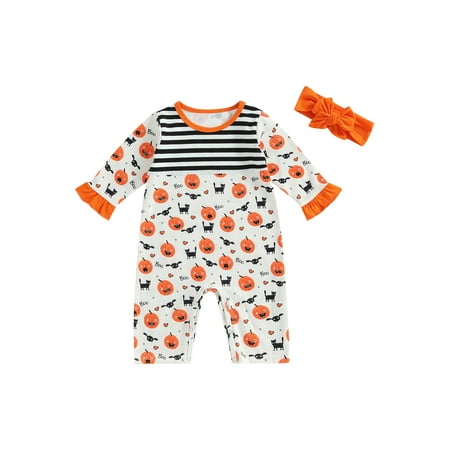 

Vera Natura Infant Baby Halloween Romper Long Sleeve Round Neck Cartoon Stripes Pumpkin Letters Print Jumpsuit + Bow Headband