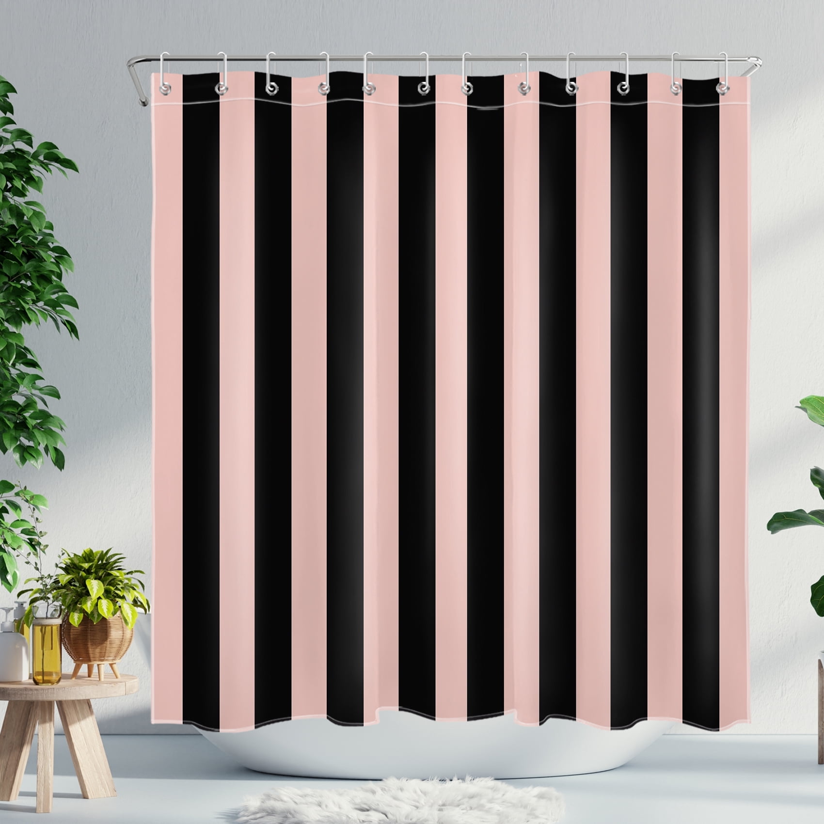 NEONWE Black and Pink Striped Shower Curtain, Modern Watercolor Stripe Waterproof Bathroom Shower Curtain with Hooks, Machine Washable, 72" x 72"
