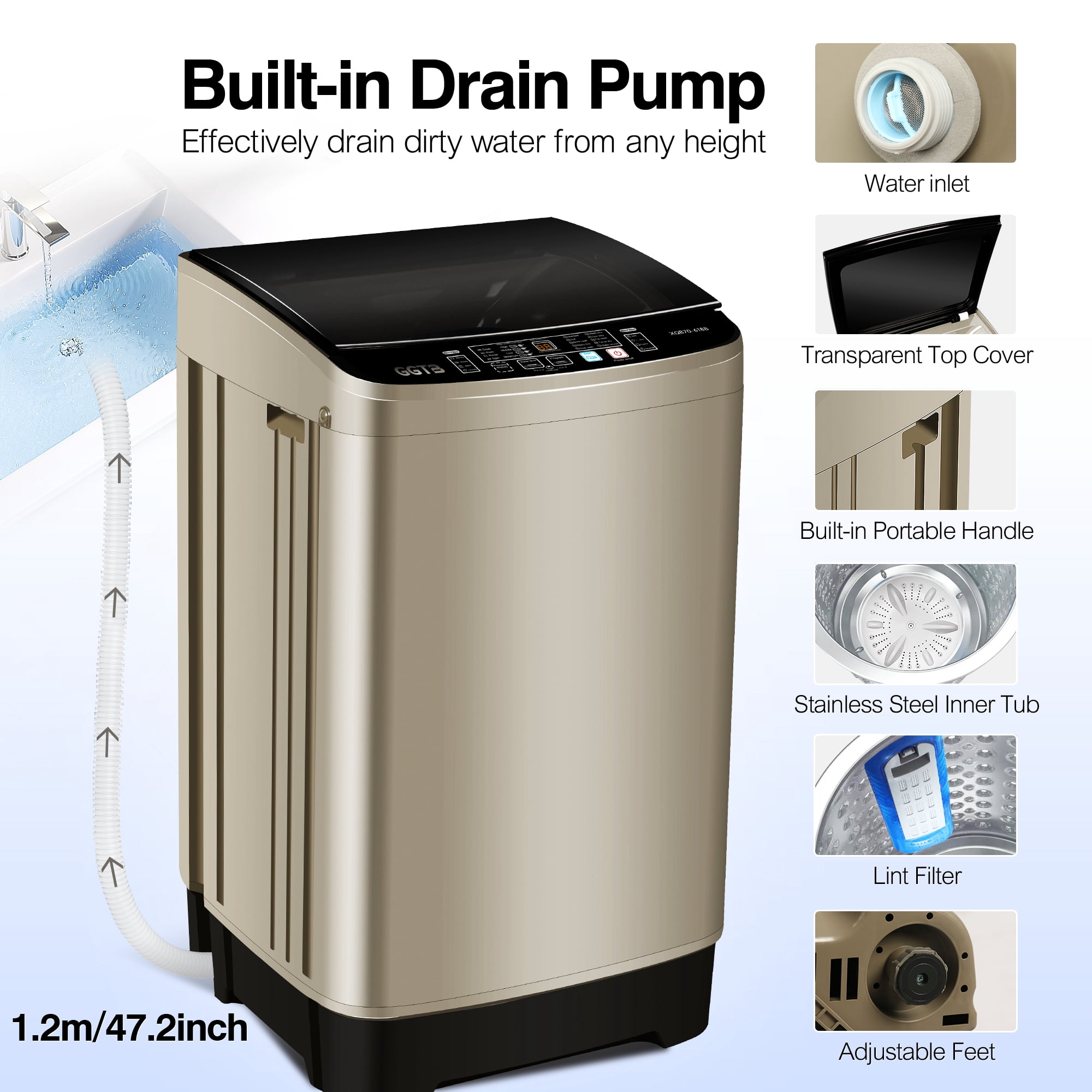 GGTB Portable Washing Machine for Apartments, 20 lbs Full Automatic Clothes Washer Machine,1.9 Cu.ft Top Load Washer with 10 Wash Programs/8 Water Levels, Coffee Gold
