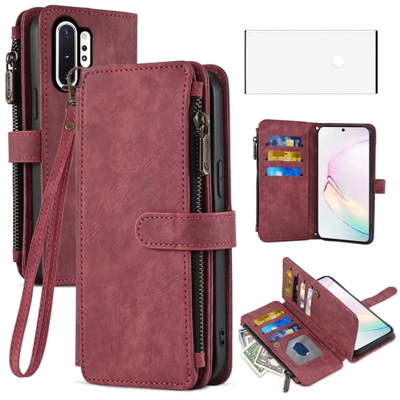 Asuwish Kickstand Hard Shell Wallet Cell Phone Case with Tempered Glass Screen Protector for Samsung Galaxy Note 10 Plus, Red