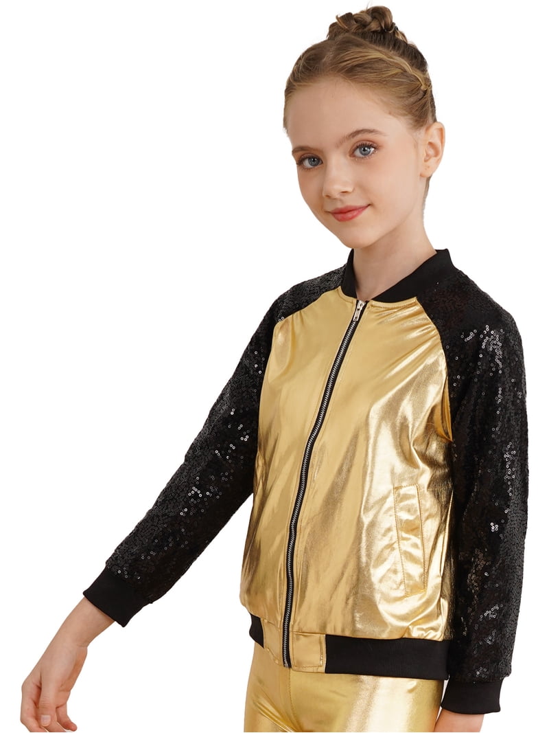 Costume da ballo jazz per bambini, manica lunga, paillettes lucide, top