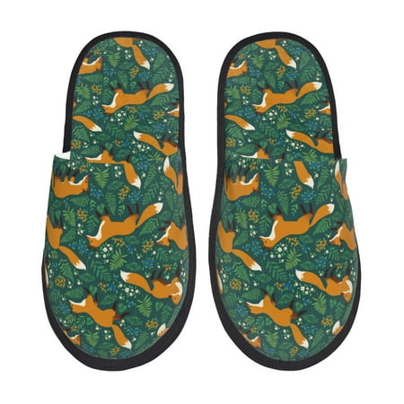 Balery Green Plants with Fox Slient Indoor Furry Fleece Comfort House Shoes Soft Non-Slip Home Shoes Cotton slippers House Slippers-- Medium