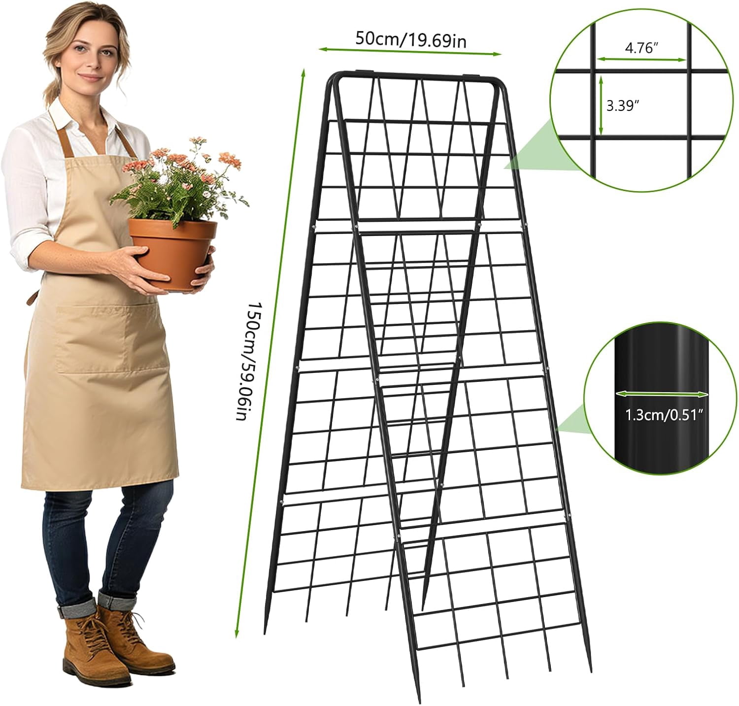 Cucumber Trellis, 59" H 2 Pack Metal Foldable Thickened A Frame Garden Trellis for Raised Bed Climbing Plants, Vegetables, Including Plant Support Clips, Twist Ties, Plastic Ties, Black