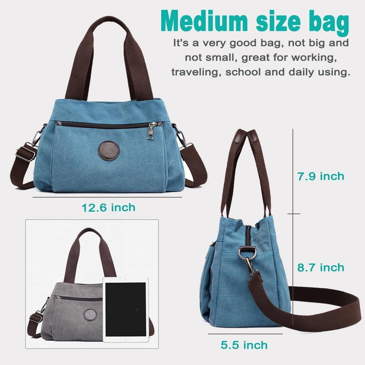 Omlopp Hobo Handbags Canvas Crossbody Bags for Women, Multi Compartment Tote Purse Medium Satchel-Blue - Medium