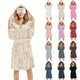 thumbnail image 6 of Women's Plush Fleece Hooded Knee Length Robe Set, Soft Bathrobe with Pockets and Sleep Mask, Cozy Loungewear, Warm Spa Robe with Adjustable Belt, Matching Eye Mask Included Beige L, 6 of 7