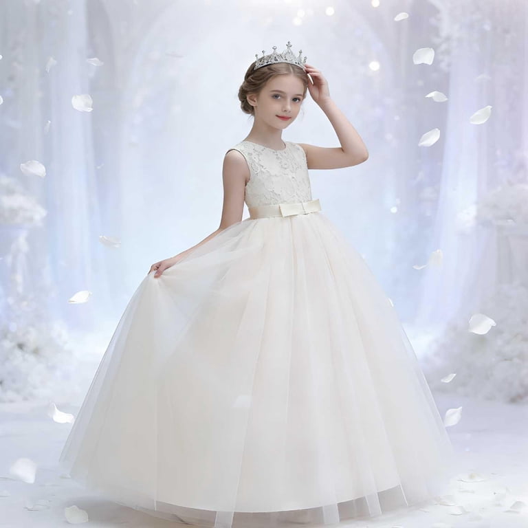 beige fancy dress Atoguta Wedding Dresses for Girls Guest Sleeveless Tulle Long Formal Wedding Pageant Party Princess Ball Gown Dresses 5t-15, Girl's, Size Green Multi Long Sleeved Prom Dress Disney The Little Mermaid Size:1-2 Y
