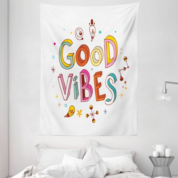 Good Vibes Tapestry, Colorful Cheerful Fun Typography with Cartoon Style Kids Toddler Elements Print, Wall Hanging for Bedroom Living Room Dorm Decor, 60W X 80L Inches, Multicolor, by Ambesonne