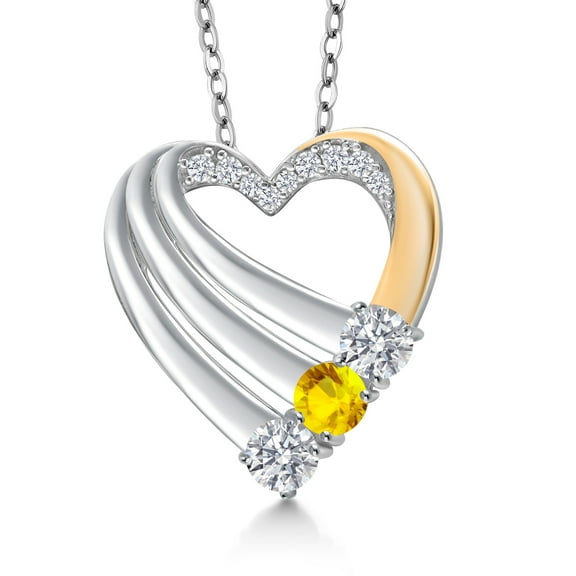 Gem Stone King 925 Silver and 10K Yellow Gold White Lab Grown Diamond and Yellow Sapphire Heart Pendant for Women | 1.00 Cttw | Gemstone April Birthstone | With 18 inch Chain