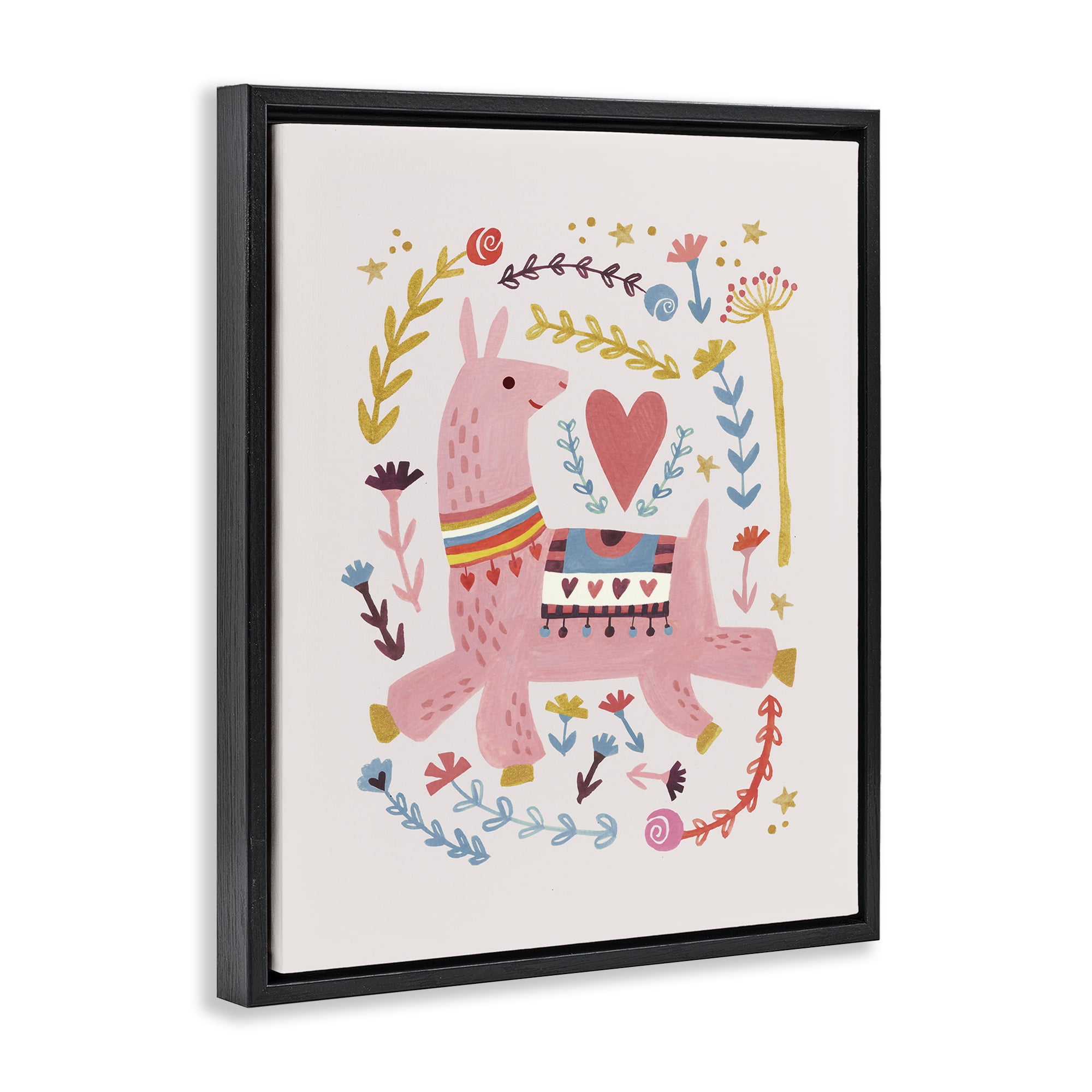Stupell Industries Pink Llama with Florals Animals Painting Black Floater Framed Canvas Art Print Wall Art, 25 x 31