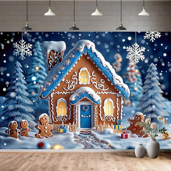 7x5ft Winter Gingerbread House Backdrop, Blue Cookie House Gingerbread Boy Baby Shower Birthday Photography Background Banner Photo Props, Christmas Snowflake Pine Tree Merry Xmas Party Decorations