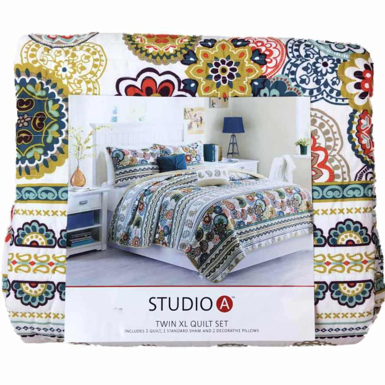 Details about   Asian Quilted Bedspread & Pillow Shams Set Colorful Ethnic Henna Print 