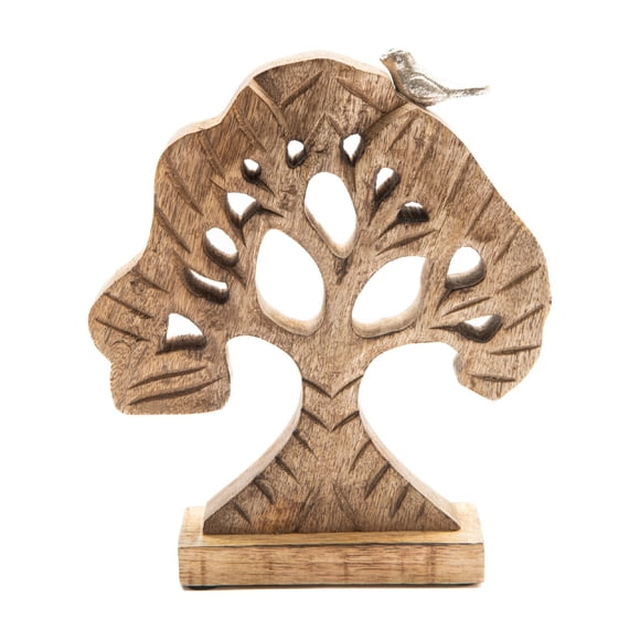 Mango Wood Decor Tree W/Bird - Set of 2