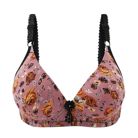 

JGGSPWM Woman s Fashion Bowknot Printing Comfortable Hollow Out Bra Underwear No Rims Pink S