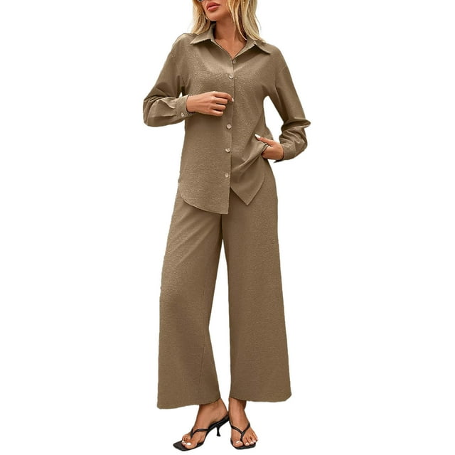 Womens Two Pieces Bussiness Office Work Sets Lapel Front Button Long Sleeve Blouses Office Work Wide Leg Pants Light Breathable Trousers Relaxed Fit Pants