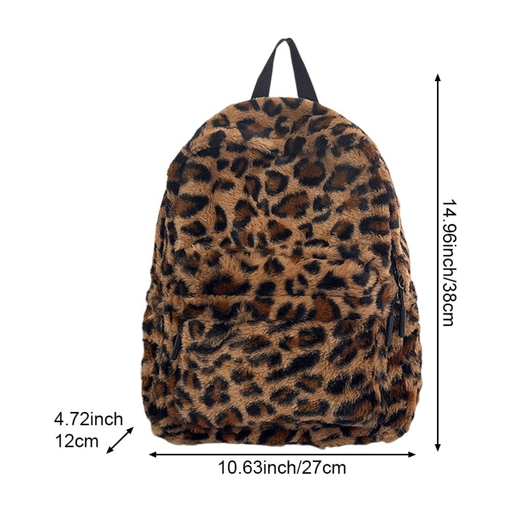 Jiibva Plush Animal Leopard Print Backpack for Women Stylish Bag Personalized Travel Shoulder Bag Bookbag Trendy Daypack Purse