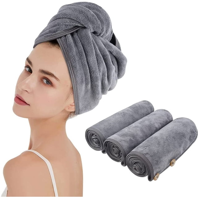 Rawiri Toalla Turbante de Microfibra con Botón para el Cabello Toalla Absorbente súper Suave Grande para Mujer Paquete de 3 25 cm x 65 cm Gris