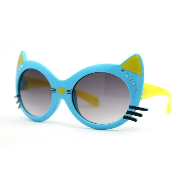 Girls Kids Size Kitty Cat Ear Whisker Round Plastic Sunglasses Blue Yellow Smoke Walmart