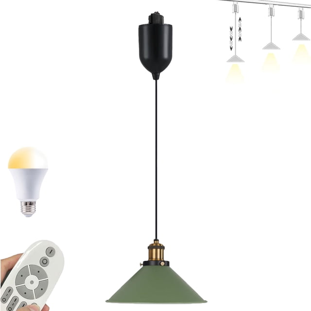 FSLiving Adjustable Levitate Track Pendant Light H-Type Retractable Lift Track Lamp with Green Metal Shade Remote Control Dimmable Color Changing Light for Kitchen Island Living Room - 1 Light
