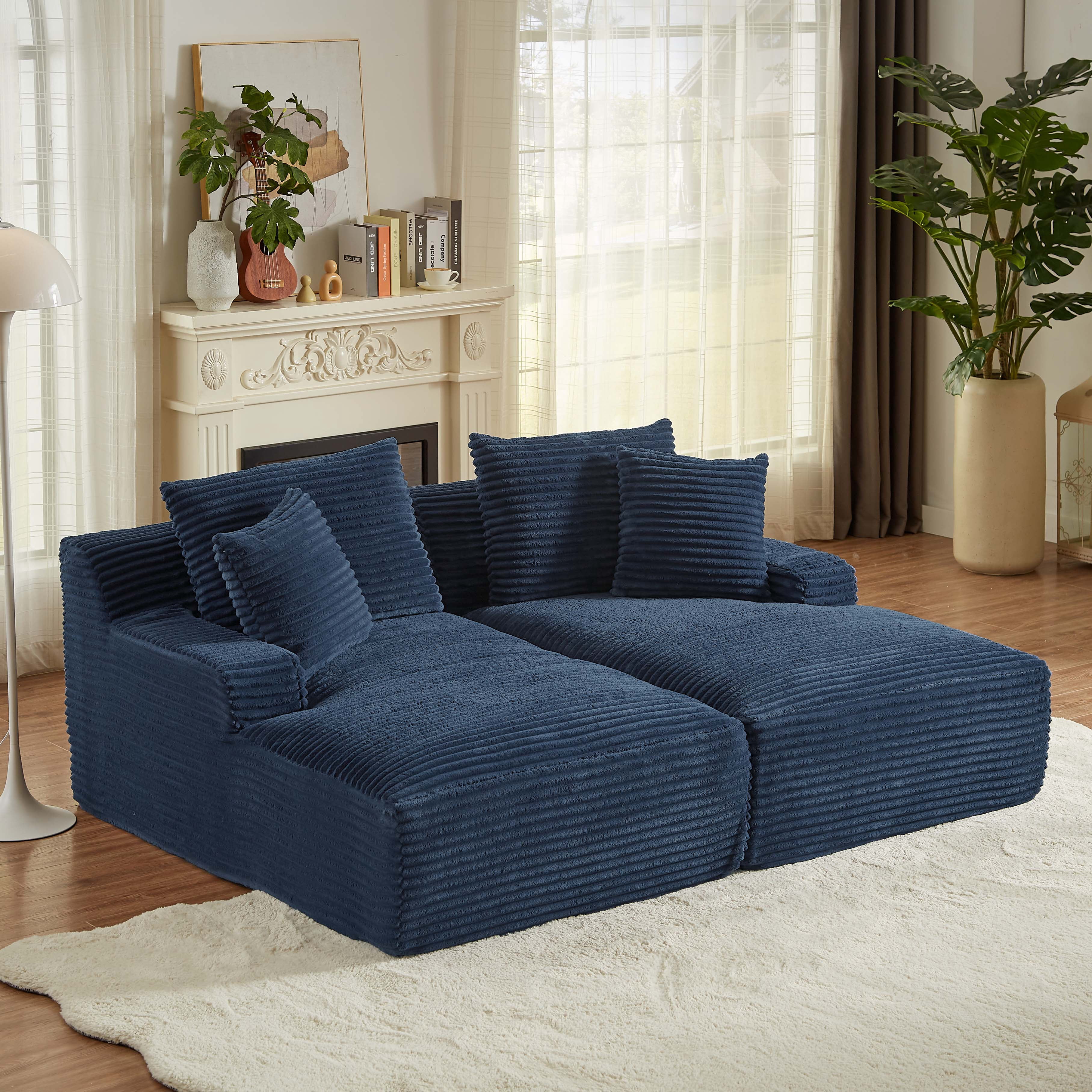 Miniyam Blue Compressible 2 Chaise Lounge - No Assembly Required, Fluffy Modern Sleeper Loveseat for Indoor Living Room Bedroom Reading