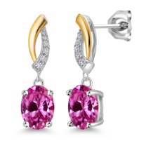 Gem Stone King 3.37 Ct Oval 8x6mm Pink Created Sapphire 925 Silver and 10K Yellow Gold Lab Grown Diamond Dangle Earrings