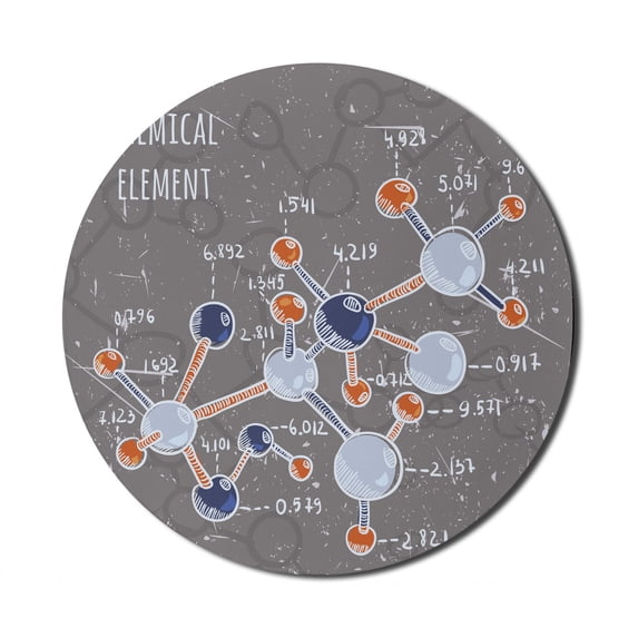 Grunge Mouse Pad for Computers, Chemistry Laboratory Display Formula Science Graphic Design Print, Round Non-Slip Thick Rubber Modern Gaming Mousepad, 8" Round, Dimgray Orange White, by Ambesonne
