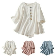 Summer Saving UPPADA Plus Size Tops for Women Summer 3/4 Sleeve Tops Cotton Linen Henley Neck Shirts Retro Plain Color Blouses