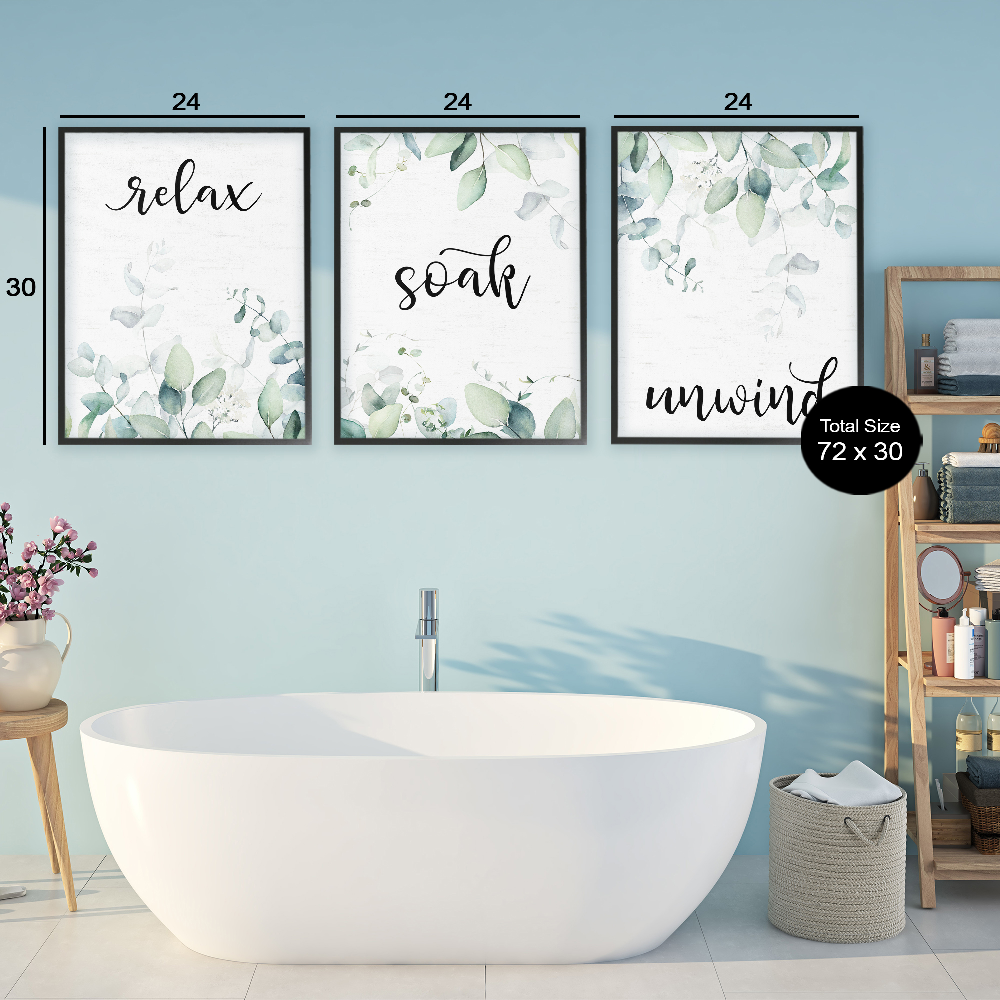 Leafy Bathroom Herbs 3 Piece Black Framed Giclee Art Set, design by Lettered and Lined