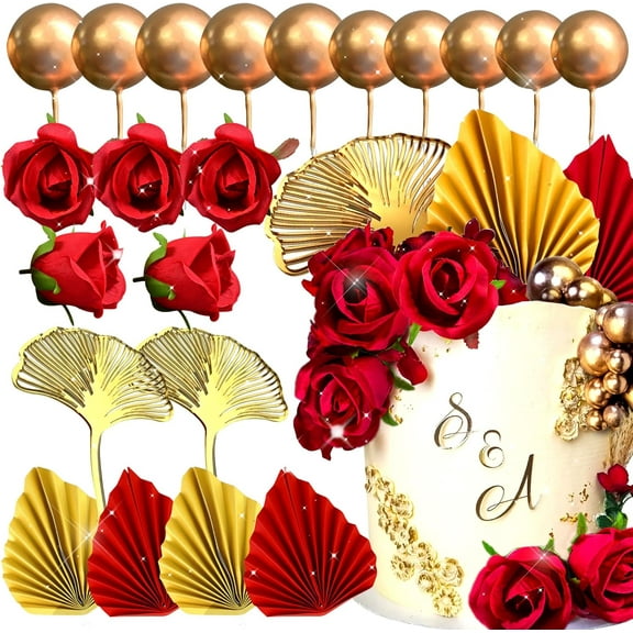 21 PCS Red Rose Cake Decoration Queen Birthday Cake Decoration Ginkgo Palm Leaves for Wedding Birthday Engagement Bridal Shower