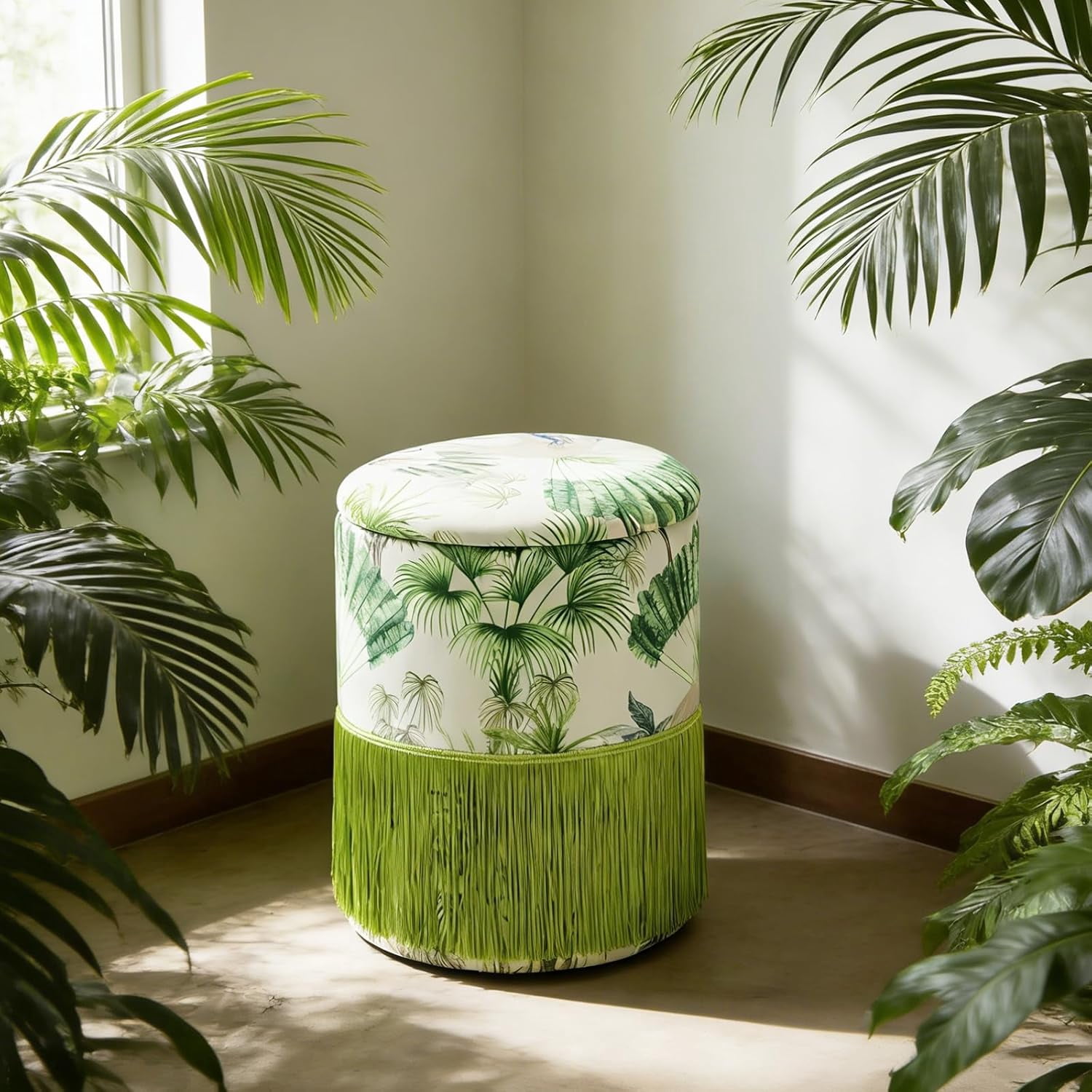 Casa Pura Furniture Round Storage Ottoman Velvet Fringe Upholstered Footrest Stool Green