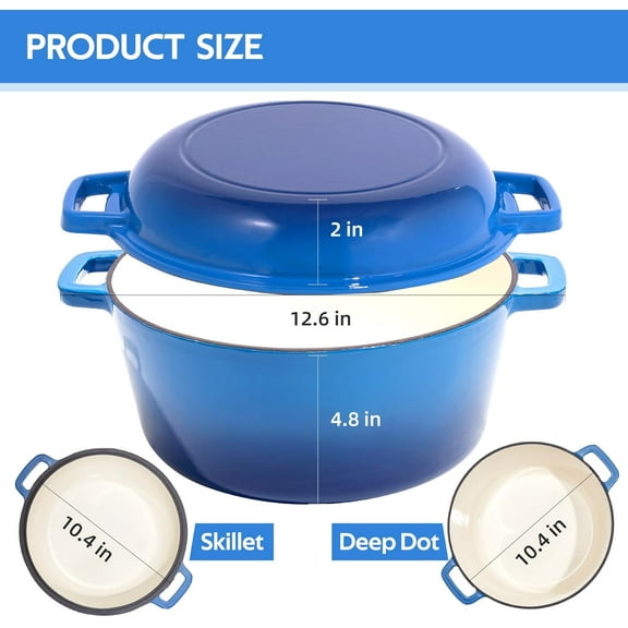 2 in 1 Enameled Cast Iron Dutch Oven Pot 6QT with 2QT Lid - Big Dual Handles - Oven Safe up to 500 ° F - Classic Round Pot for Versatile Cooking Blue