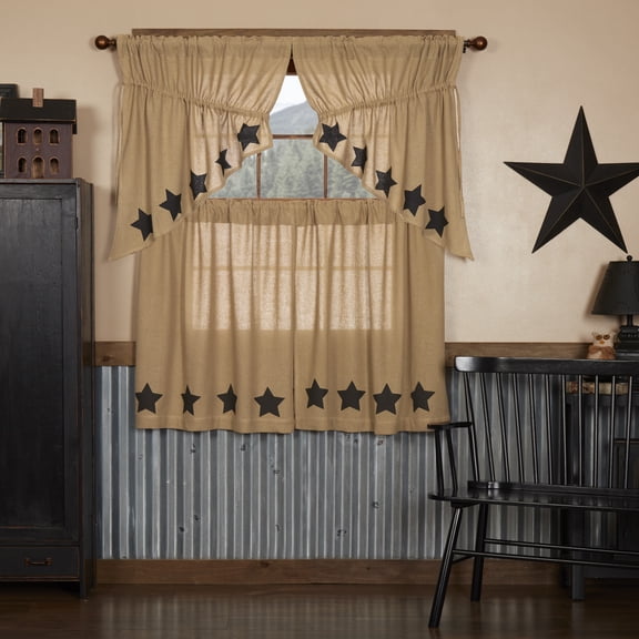 VHC Brands Burlap Natural with Black Stars 4 PC Curtain Set (2 Prairie Swag 36x18 and 2 Tier 36x36)