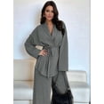 thumbnail image 4 of Women'S Casual Lounge Two Piece Outfits Long Sleeve V Neck Wrap Tie Waist Shirt Wide Leg Pants Sets Gray S, 4 of 10