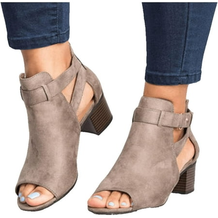 

Women Peep Open Toe Boot Cut Out Buckle Ankle Bootie Stacked Block Chunky Low Heel Sandal Causal Party Dress Shoe