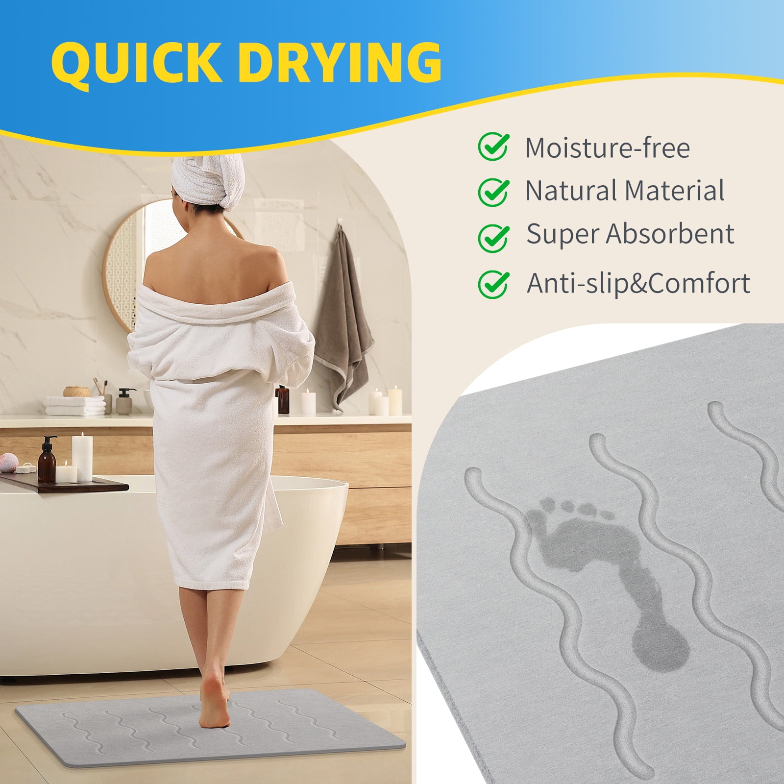 OTHWAY Large Stone Bath Mat, 32"x 20" Diatomaceous Earth Bath Mat for Bathroom, Quick Drying Long Bath Mat Stone Absorbing, Non-Slip Diatomite Hard Stone Shower Mat Instant Dry(Light Grey)