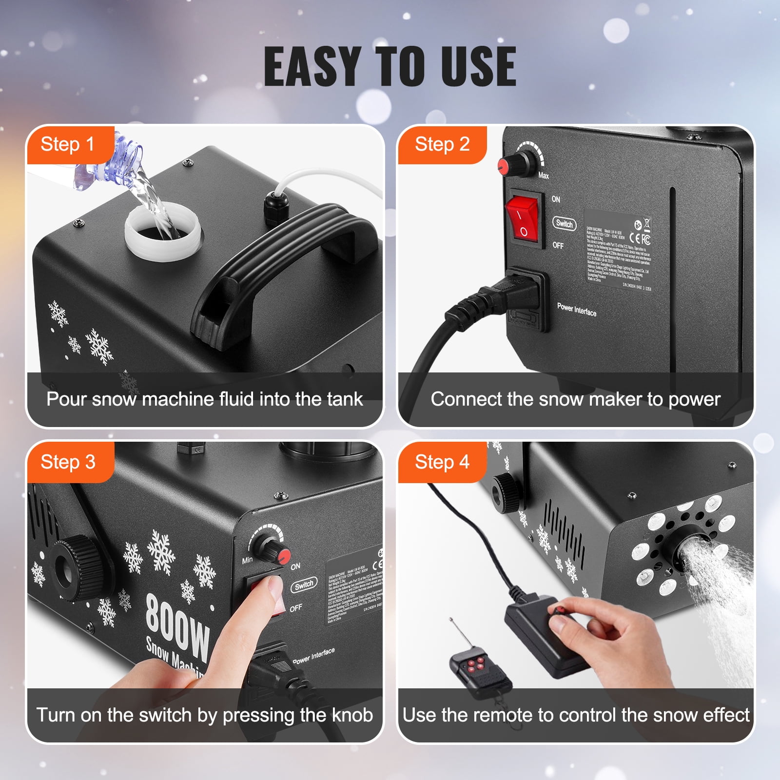 KFFKFF Snow Creator, 800W, Versatile Mounting Snow Generator with LED Illumination & 1L Capacity, Wireless Remote Snowflake Producer, Efficient Synthetic Snow Device for Holiday Gatherings, Weddings