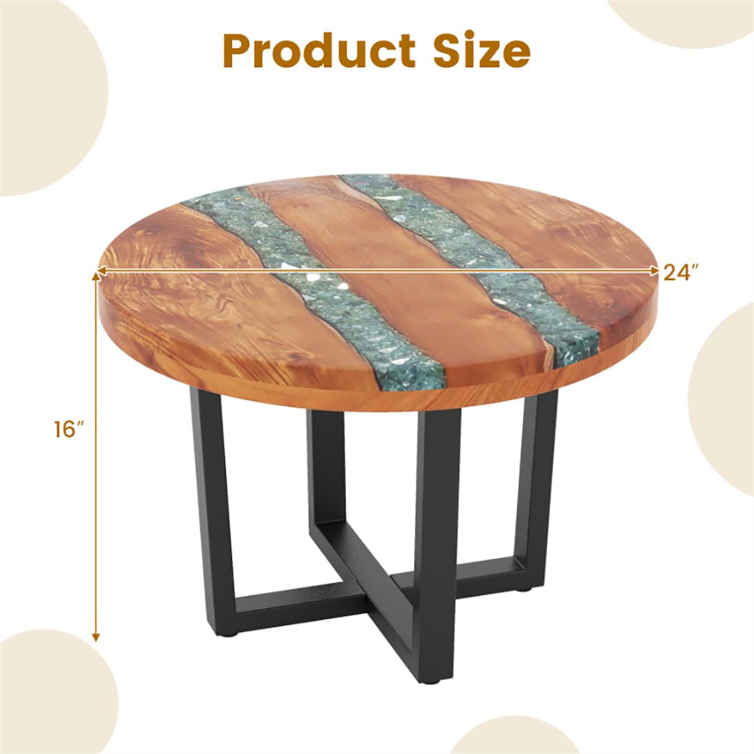 Demi Bonn Teak Wood Sofa Side Table, Outdoor Round End Table with Epoxy Resin Tabletop for Small Spaces, Living Room, Bedroom, Brown