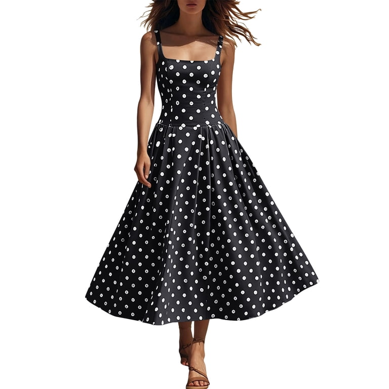 Elegant Women Midi Party Dress Square Neck Sleeveless Polka Dot A-Line Midi Dress Soft Elegant formal Gown Suitable for Wedding Guest Cocktail Evening Parties Black M