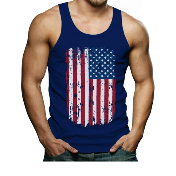 Big American Flag Tank Vintage 4th of July USA Flag Tank Top Men's Singlet Medium Blue