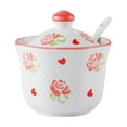 thumbnail image 1 of Hand Drawn Pattern Sugar Bowl With Lid, Ceramic Teacup Shape Sugar Pot, Coffee Accessories, Sugar Pourer, Kitchen Storage-Pink Rose-1, 1 of 7