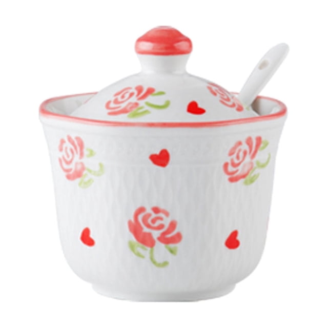 Hand Drawn Pattern Sugar Bowl With Lid, Ceramic Teacup Shape Sugar Pot, Coffee Accessories, Sugar Pourer, Kitchen Storage-Pink Rose-1