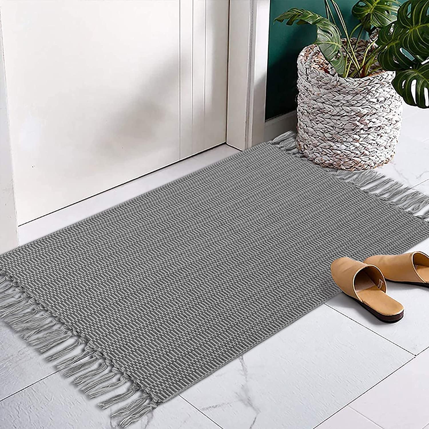 Collive Boho Small Bathroom Rug, 2' x 3' Hand-Woven Kitchen Rugs, Grey  Cotton